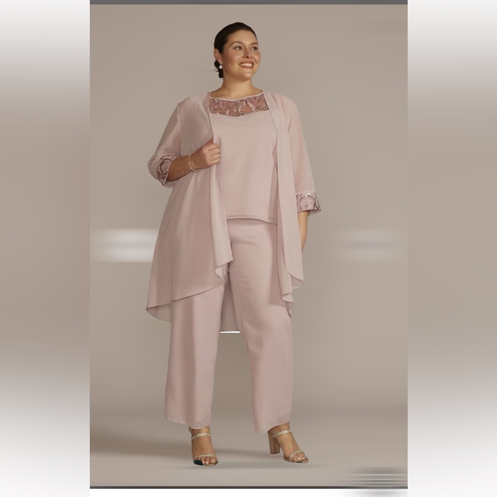 Le Bos 3-Piece Embroidered Pant Suit 24W Taupe Beige Formal Mother of the Bride